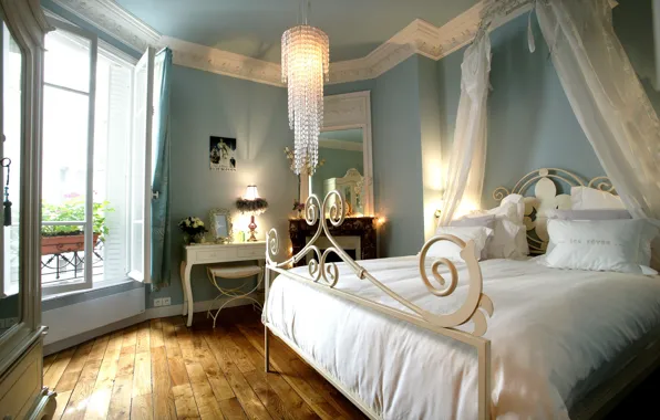 Picture bed, interior, pillow, mirror, chandelier, fireplace, bedroom