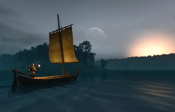 Night, river, fire, dawn, the moon, boat, Sword, Warrior