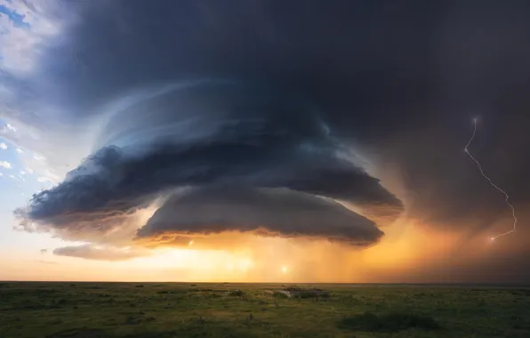 Field, the sky, the sun, clouds, storm, rain, lightning, horizon