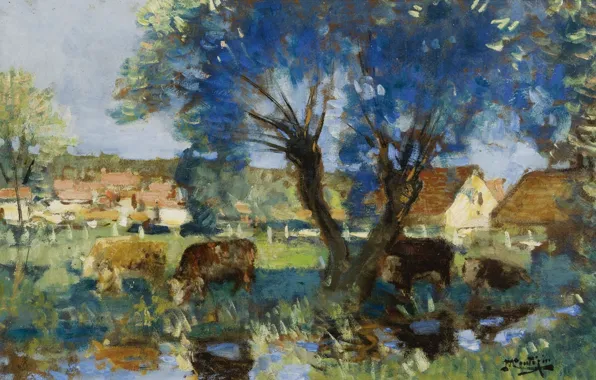 Landscape, picture, Pierre Eugène Montesin, Pierre-Eugene Montezin, Cows near the Water