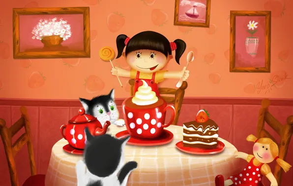 Cats, table, tea, figure, doll, pie, girl, pictures