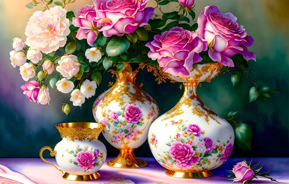 Graphics, roses, art, still life, set, vases, digital painting, digital art