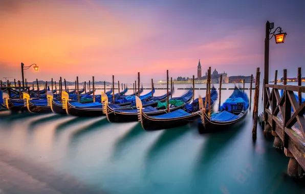Night, lights, boats, Italy, lantern, Venice, gondola