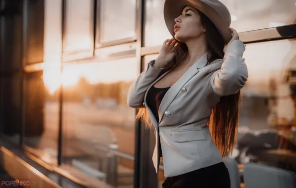 Picture girl, pose, style, hat, long hair, Andrey Popenko