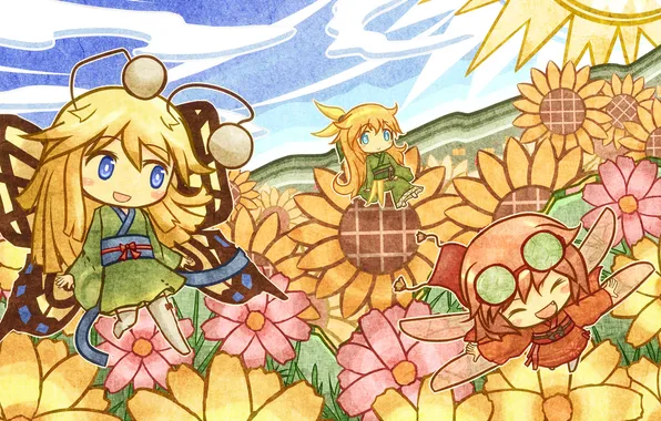 Picture the sky, the sun, clouds, sunflowers, girls, anime, chibiki.meadow