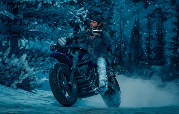 Mustache, snow, motorcycle, beard, guy, tree, Days Gone