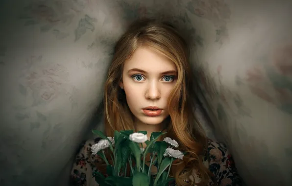 Picture girl, flowers, portrait, bouquet, makeup, dress, hairstyle, brown hair