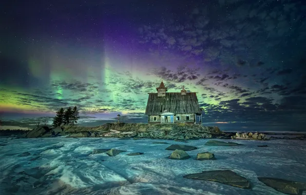 Picture snow, landscape, night, nature, house, stones, Northern lights, Karelia