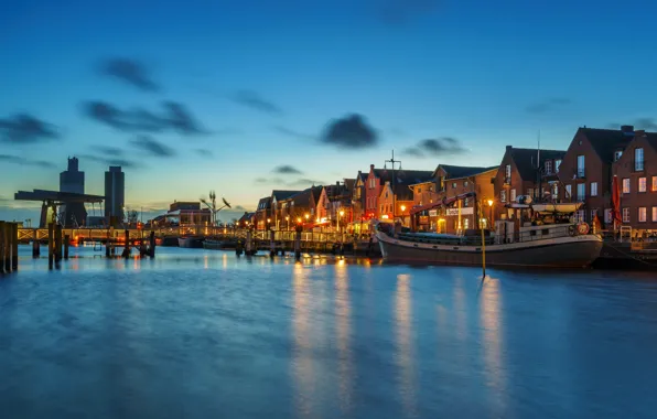 Bridge, lights, river, home, ships, the evening, Germany, promenade