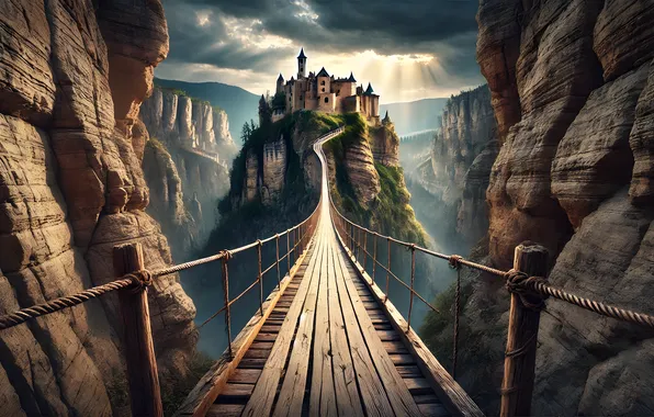 Road, mountains, clouds, bridge, the way, castle, rocks, view