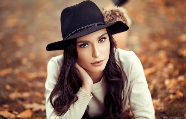 Picture autumn, look, pose, background, model, portrait, hat, makeup