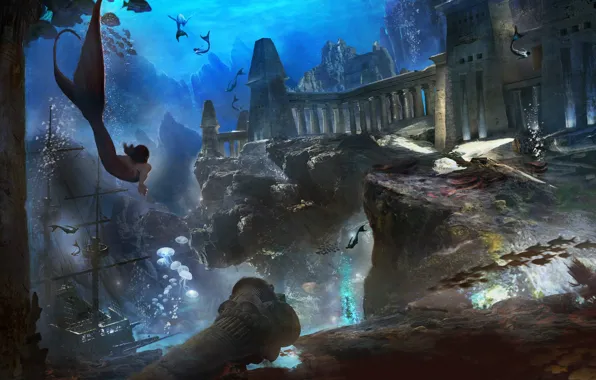 Fish, ship, mermaid, ruins, mermaid