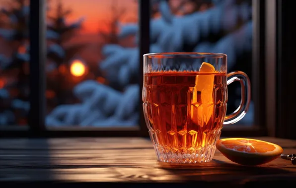 Winter, glass, light, comfort, tea, window, Christmas, mug