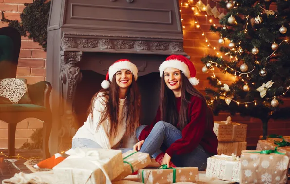 Joy, girls, room, Christmas, gifts, New year, fireplace, Duo