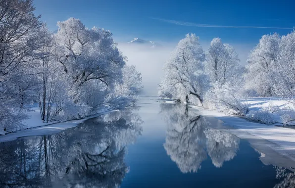 Picture snow, trees, mountains, reflection, river, Bayern