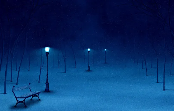 Snow, trees, bench, lantern