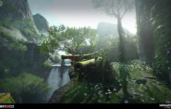 Mountains, wall, gun, ciety, Uncharted 4, Averys Palace
