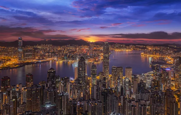 Sunset, China, building, Bay, Hong Kong, panorama, China, night city