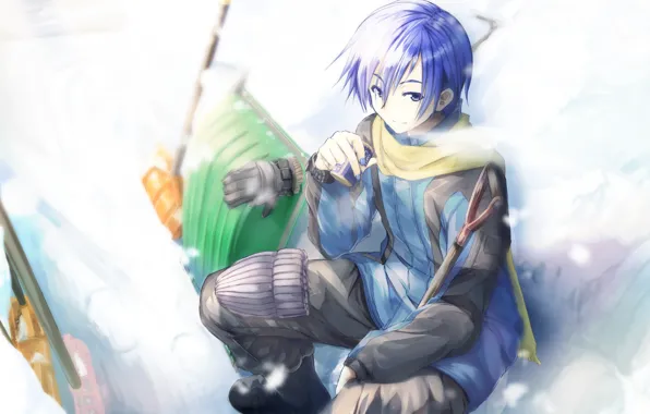 Winter, snow, drink, guy, vocaloid, scarf, shovel, Vocaloid
