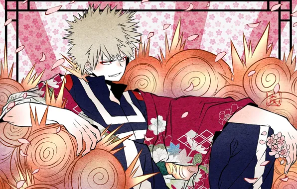Anime, petals, art, Boku no Hero Academy, My hero Academy, Bakusou, Katsuki Bakuga, fire discs