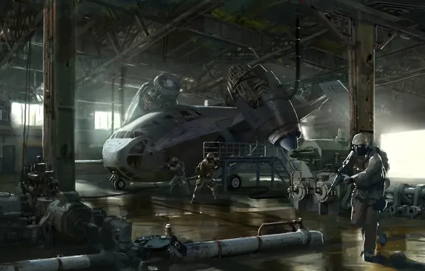 Picture the plane, weapons, transport, ship, art, hangar, soldiers