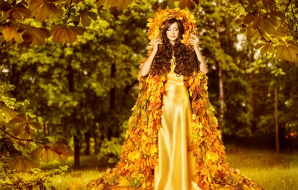 Autumn, leaves, girl, creative, hair, dress, gold, woman