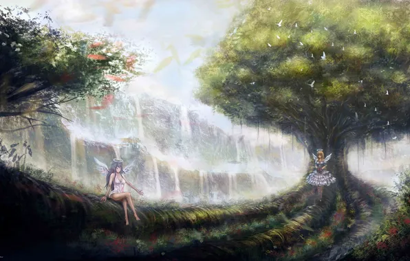 Forest, flowers, waterfall, wings, anime, angels, art, birds