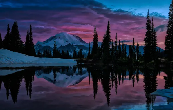 Trees, landscape, sunset, mountains, nature, lake, USA, reserve