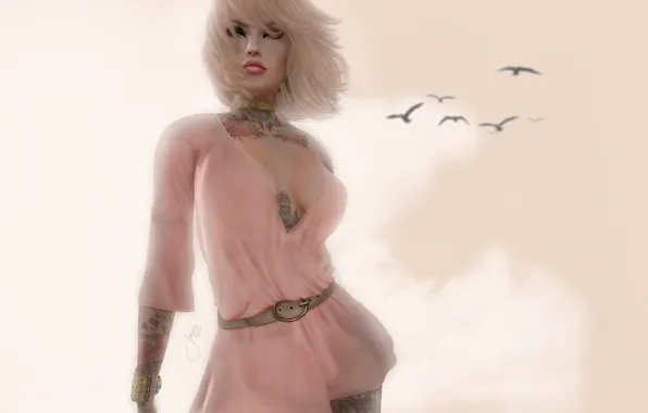 Girl, birds, face, background, figure, tattoo