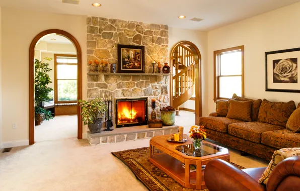 Picture design, sofa, Villa, interior, ladder, fireplace, living room