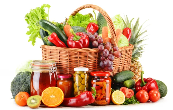 Lemon, basket, orange, kiwi, grapes, white background, pepper, banks