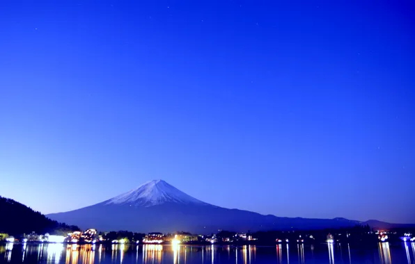 The sky, lights, lake, mountain, the evening, Japan, town, Fuji