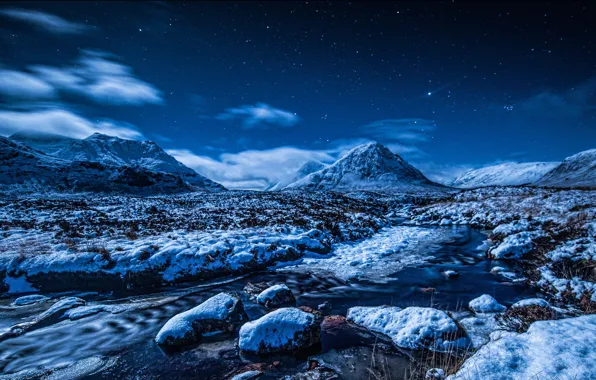 Picture winter, the sky, stars, snow, mountains, night, stream