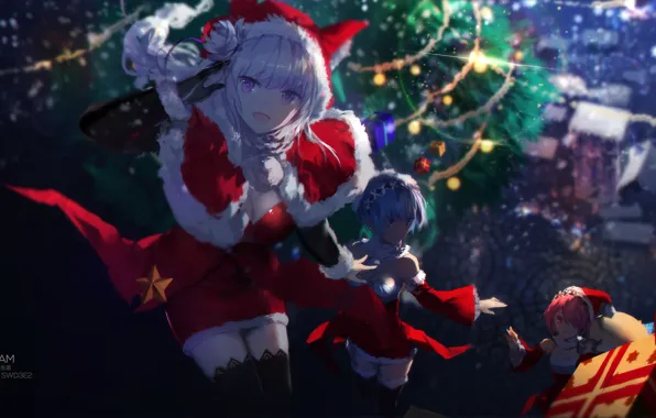 Night, stockings, New Year, over the city, in the sky, white fur, Christmas tree, the …