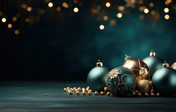 Balls, the dark background, balls, Christmas, New year, blue, gold, blue background