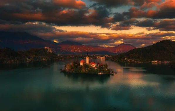 Landscape, sunset, mountains, nature, lake, Church, island, Slovenia