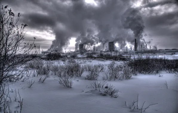 Winter, plant, smoke, smoke, winter, factory, nuclear, nuclear power plant