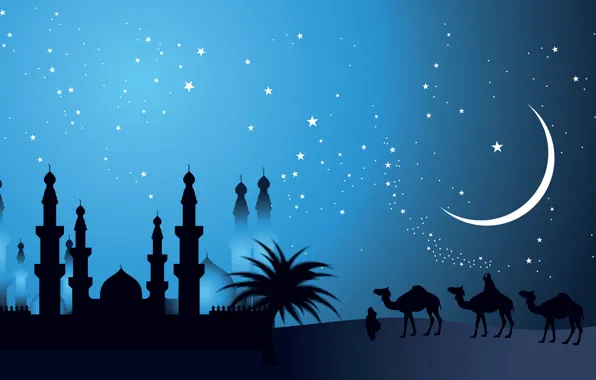 Stars, a month, East, camels, dome, minarets, the Bedouins
