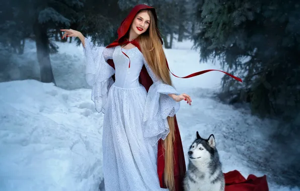 Winter, forest, girl, snow, pose, smile, dance, dog