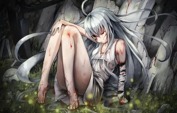 Girl, nature, tree, blood, anime, art, bandages, kajane of the latter