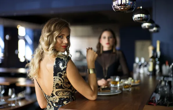Picture look, background, model, hair, glass, bar, dress, beauty
