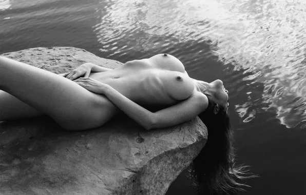 Black & white, nipples, boobs, water, monochrome, nude, naked, lying down