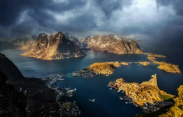 The sky, mountains, clouds, rocks, dal, pond, Bank, settlement