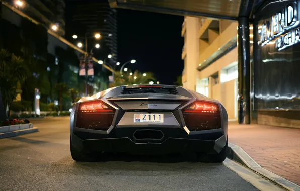 Lamborghini, Reventon, Grey, Night city, Rear view, SuperCar