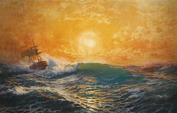 Sea, wave, foam, the sun, sunset, the wind, ship, michael zeno diemer