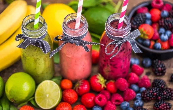 Blueberries, strawberry, bananas, lime, fruit, drinks, BlackBerry, fresh
