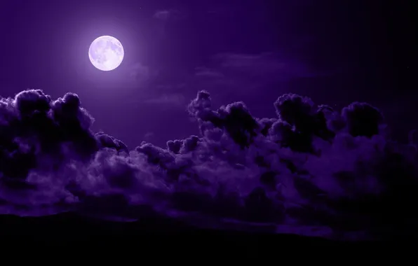 Clouds, mountains, night, the moon, purple