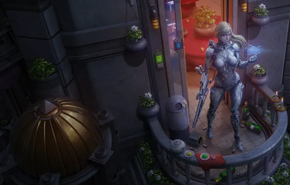 Picture cyborg, blonde, art, girl, Rika's Marauders, fiction, balcony
