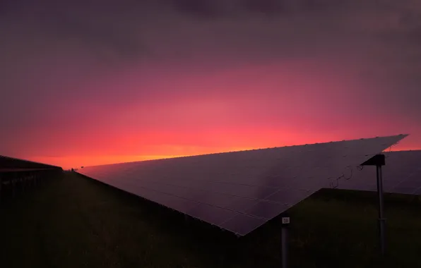 Picture field, sunset, clouds, solar panels