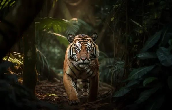 Picture Look, Tiger, Predator, Jungle, Front, Digital art, Big cat, AI art